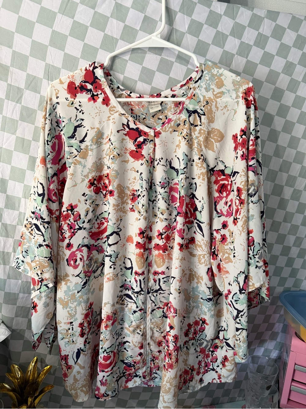 Ariat Cream Floral V-Neck Blouse with Pink and Coral Accents